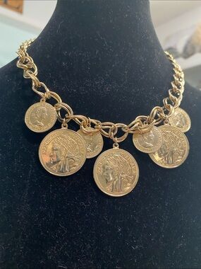 Gold Coin Charm Statement Necklace